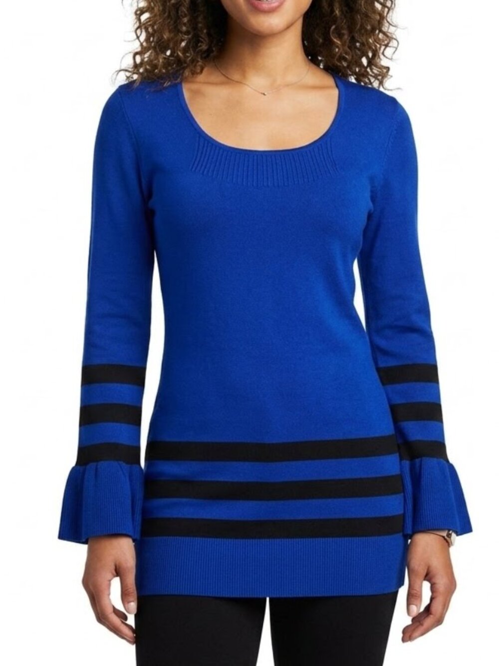 NEWPORT NEWS Cyber Y2K Electric Blue Bell Sleeve Striped Tunic Sweater L